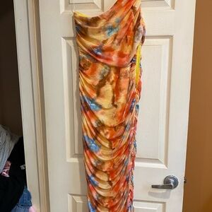 Fashion Nova One-Shoulder Tie-Dye Maxi Dress in Orange, Blue & Brown